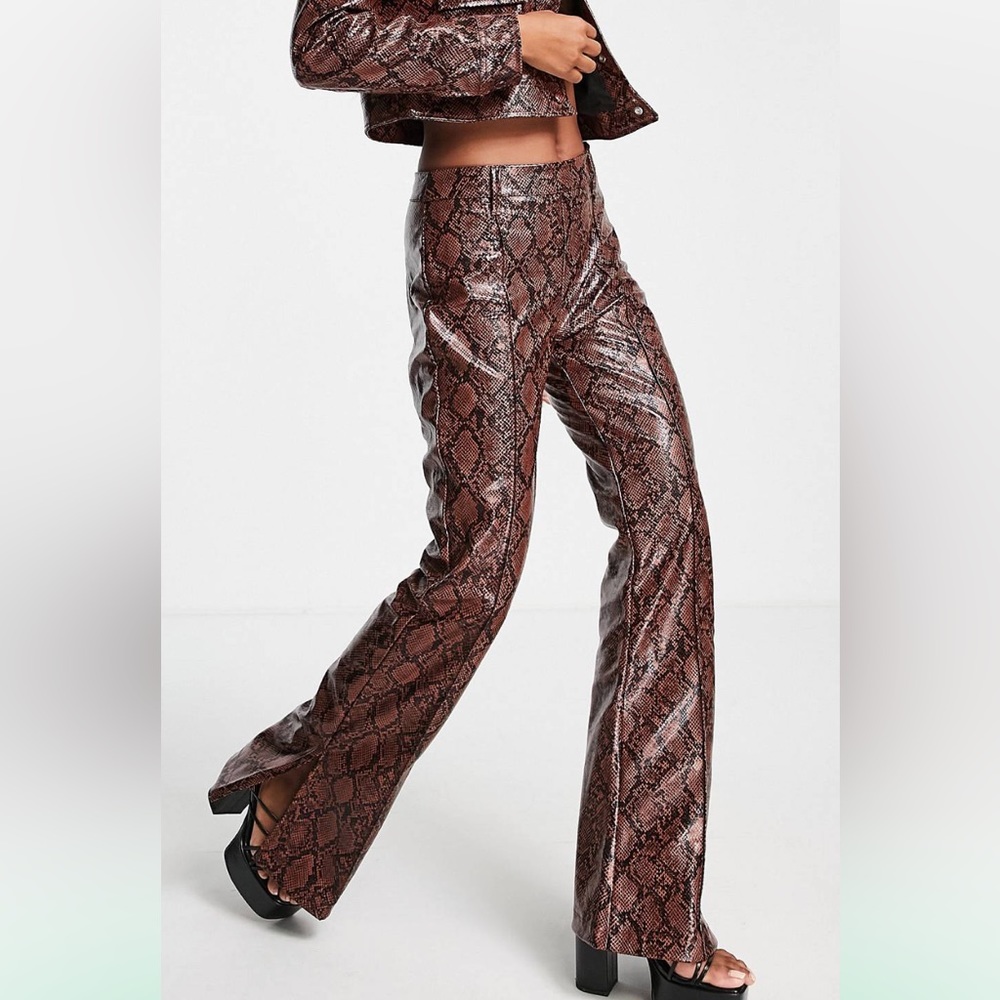 Bershka Faux Leather Snakeskin Print Flared Split-hem Pants